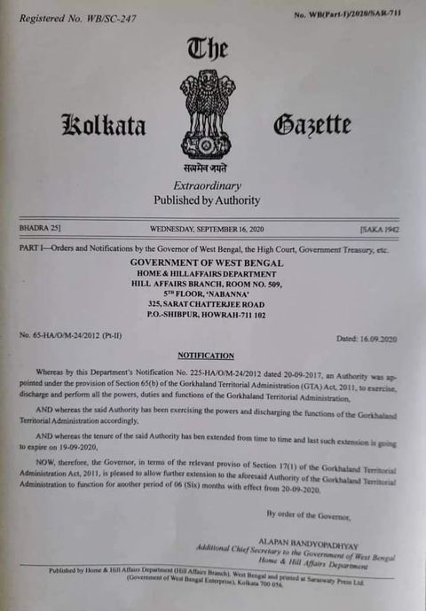 Gorkhaland Territorial Administration Extension Notice