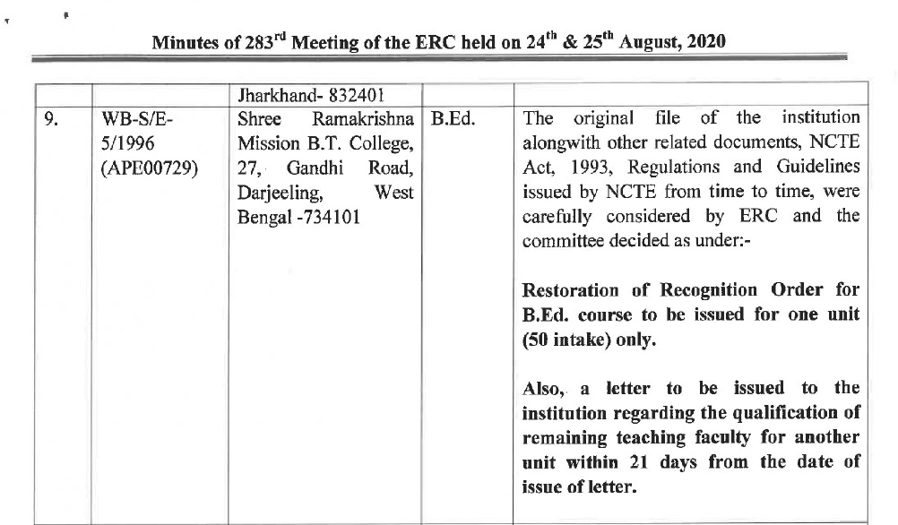 NCTE permits 1 Unit for RK Mission B.Ed College