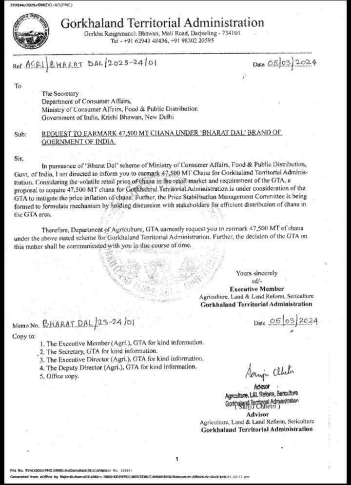 Chana Ghotala - Requisition of 47000 metric tonne of Chana sent by Sanju Chettri